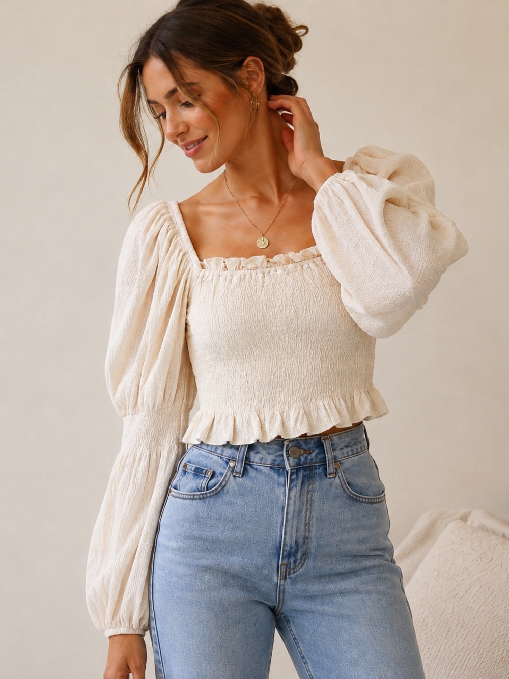Line & Dot Smocked Puff Sleeves Crop Top | Cream | Size M